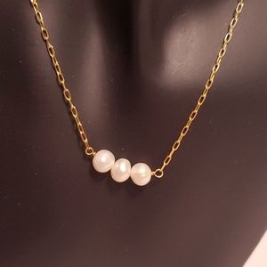 Aqua Freshwater Pearl Trio Paperclip Chain Collar 18K Gold Plated Necklace